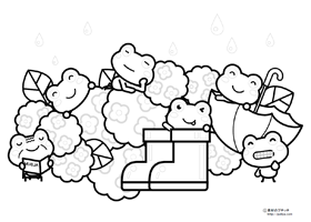 梅雨とカエルの家族の塗り絵