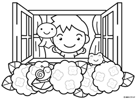 窓を開ける男の子の塗り絵/梅雨