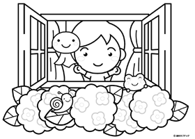 窓を開ける女の子の塗り絵/梅雨