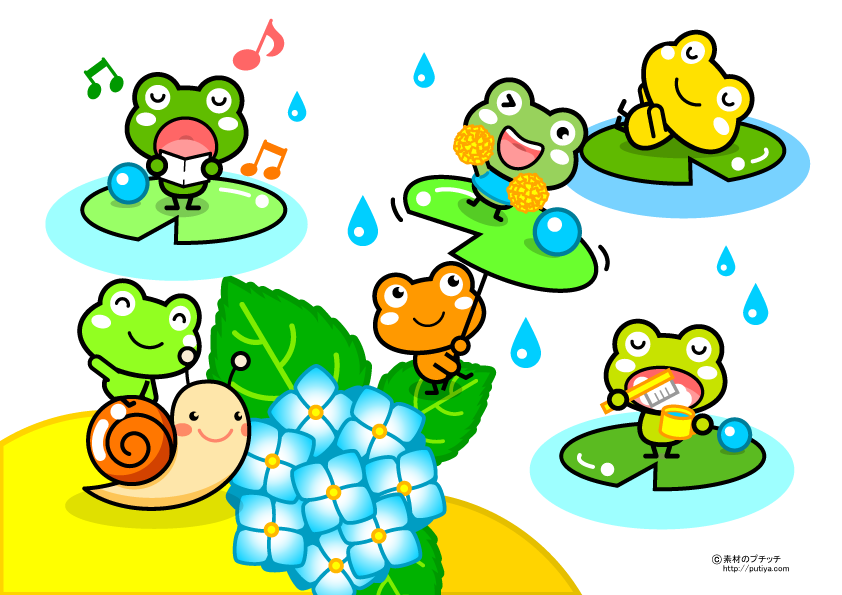 水辺で遊ぶカエルの塗り絵の色見本