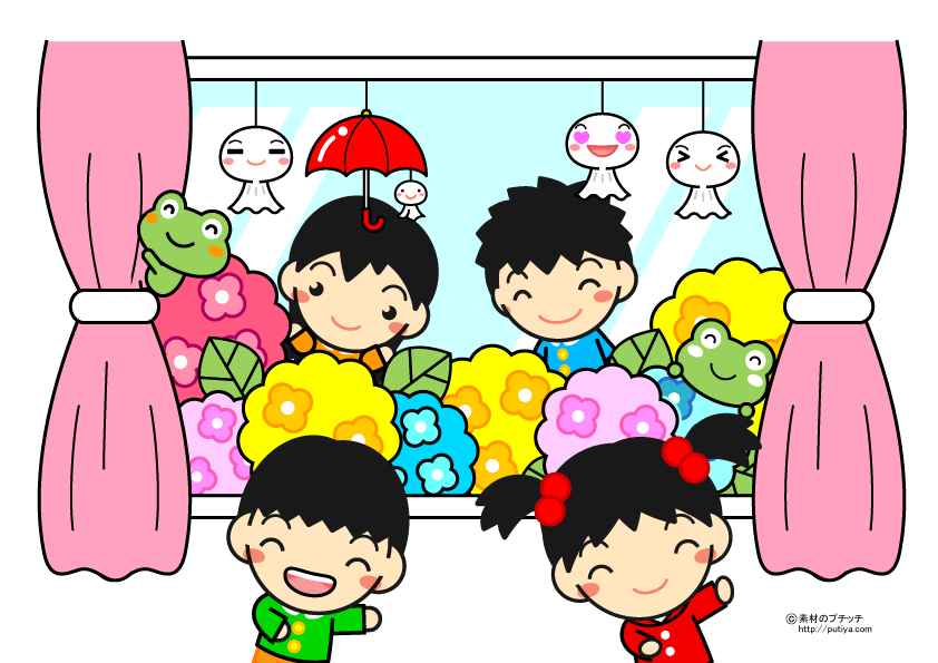 6月と窓辺のカエルと子供の塗り絵の色見本