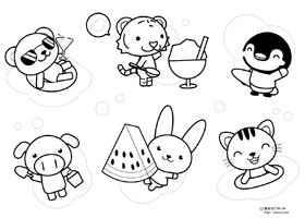 夏とかわいい動物の塗り絵