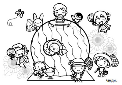 8月と大きなスイカと夏休みの塗り絵