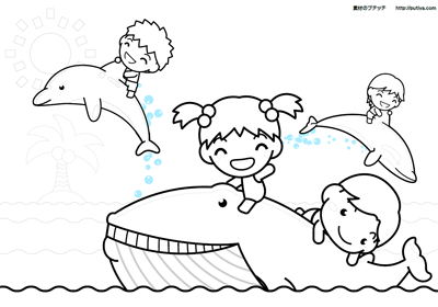 海で遊ぶ子供達の塗り絵