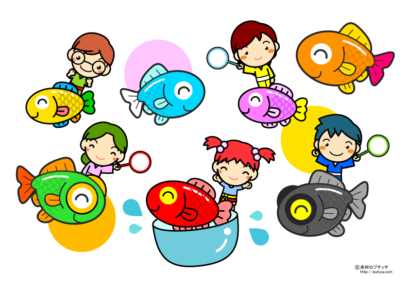 8月と子供達と金魚すくいの塗り絵の色見本