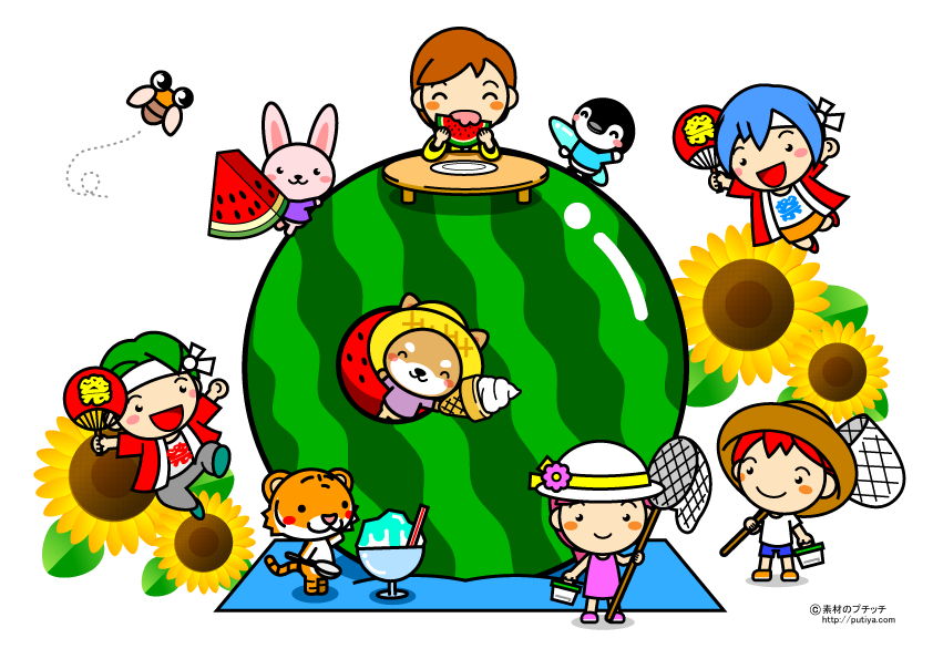 8月と大きなスイカと夏休みの塗り絵の色見本