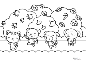動物と秋の遠足の塗り絵