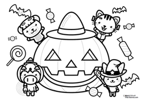 カボチャとハロウィン動物の塗り絵