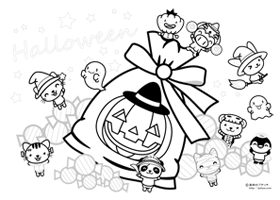 たくさんのキャンディーとハロウィンコスプレした動物達の塗り絵