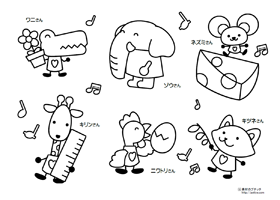 動物の塗り絵/わに、象、ねずみ、キリン、鶏、狐
