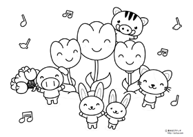 チューリップの花と動物の塗り絵