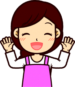 ピンクのエプロンをした保育士イラスト/両手を広げて笑顔で驚く