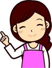 ピンクのエプロンをした保育士イラスト/笑顔で右上を指さす