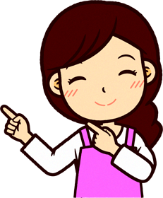 ピンクのエプロンをした保育士イラスト/両手で右上を指さす