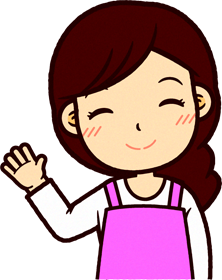 ピンクのエプロンをした保育士イラスト/笑顔で手を振る