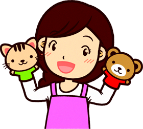 ピンクのエプロンをした保育士イラスト/ハンドパペット人形
