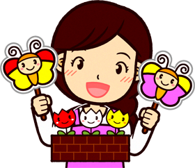 ピンクのエプロンをしたガッツポーズする保育士イラスト/ペープサート