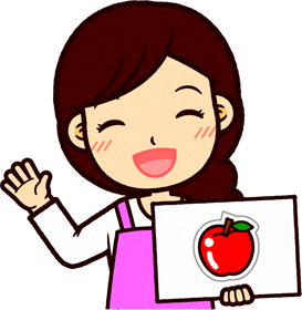 ピンクのエプロンをした保育士イラスト/パネルシアターでリンゴ