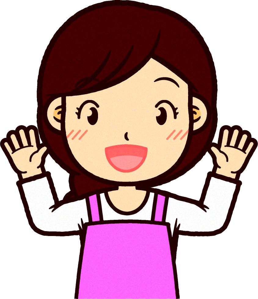 ピンクのエプロンをした保育士イラスト/両手を広げて驚く