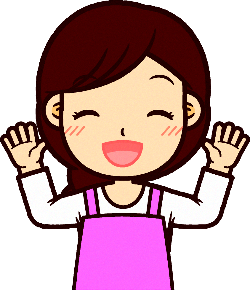 ピンクのエプロンをした保育士イラスト/両手を広げて笑顔で驚く