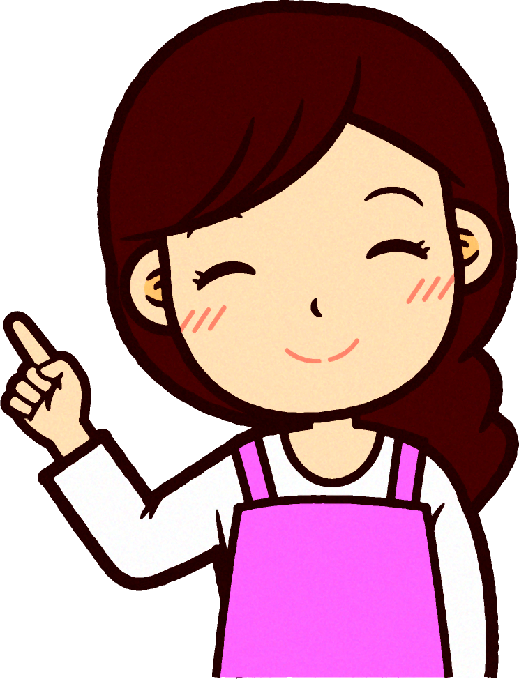 ピンクのエプロンをした保育士イラスト/笑顔で右上を指さす