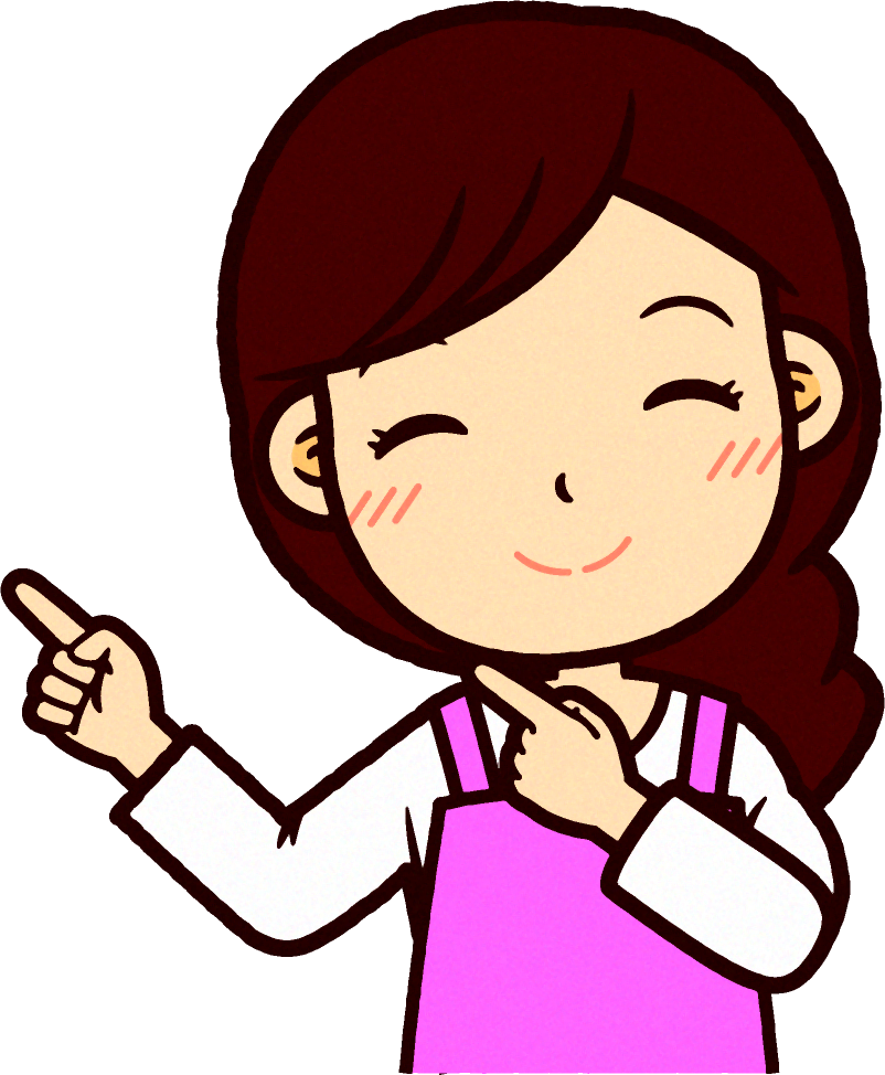 ピンクのエプロンをした保育士イラスト/両手で右上を指さす