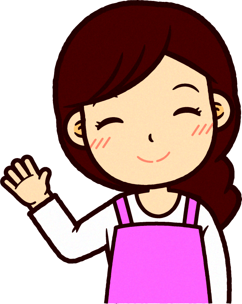 ピンクのエプロンをした保育士イラスト/笑顔で手を振る