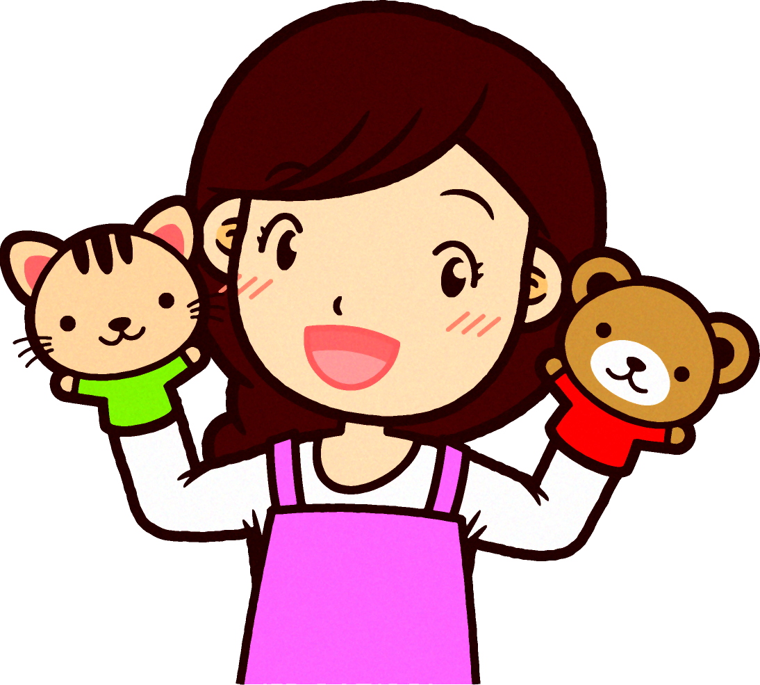 ピンクのエプロンをした保育士イラスト/ハンドパペット人形