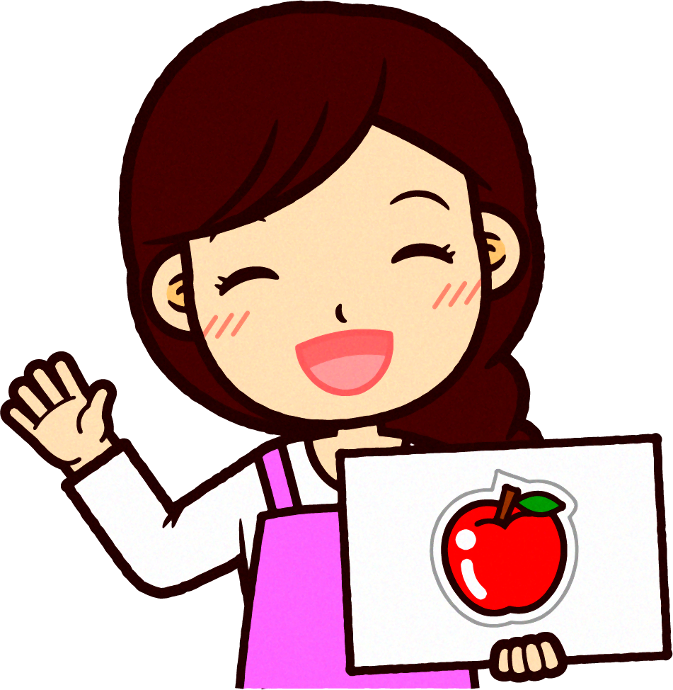ピンクのエプロンをした保育士イラスト/パネルシアターでリンゴ