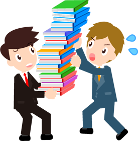 大量の仕事の書類を2人で運ぶイラスト