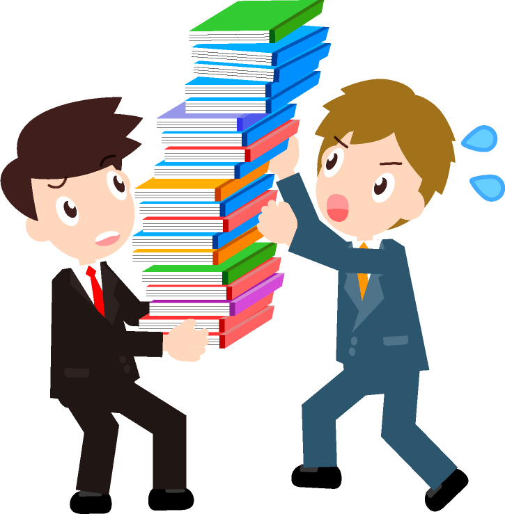 大量の仕事の書類を2人で運ぶイラスト