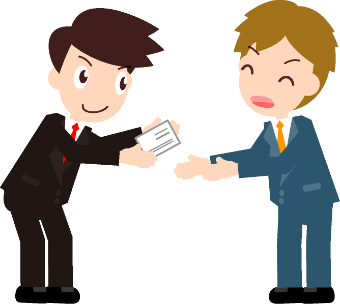 「私、こういう者です」、名刺を渡す男性イラスト2