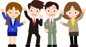 女性社員と男性社員、みんな仕事を頑張るぞ！イラスト