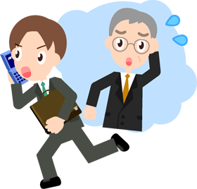 仕事のトラブル発生！電話をしながら急ぐ男性社員のイラスト