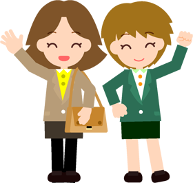 女性社員達が笑顔で手を振るイラスト