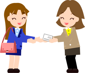 女性の取引相手に名刺を渡す女性社員イラスト