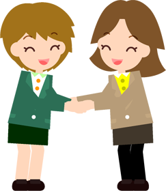 両手で握手をする女性社員達のイラスト