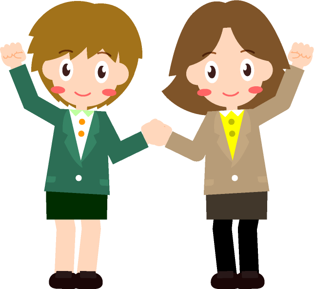 女性社員が手をつないで頑張るぞ!イラスト