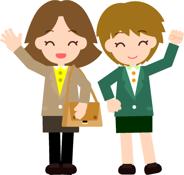 女性社員達が笑顔で手を振るイラスト