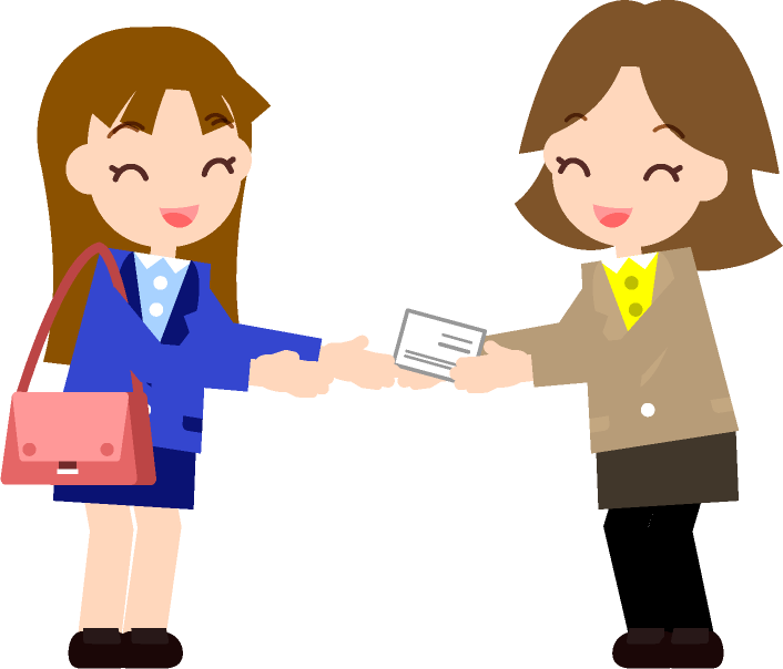 女性の取引相手に名刺を渡す女性社員イラスト