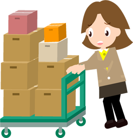 仕事の書類がたくさん入った荷物をカートで運ぶ女性のイラスト