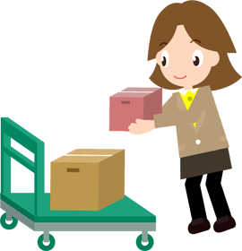 カートに書類の入った段ボールをのせている女性のイラスト