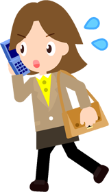 仕事の電話をしながら、急いでいる女性のイラスト