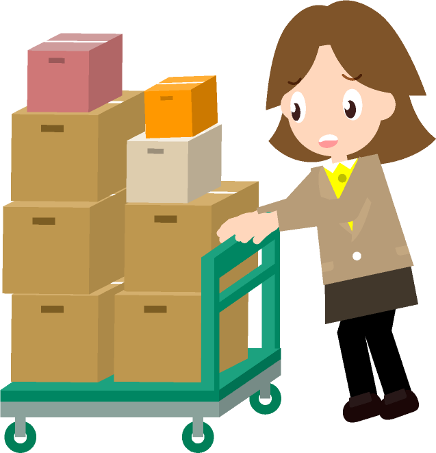 仕事の書類がたくさん入った荷物をカートで運ぶ女性のイラスト