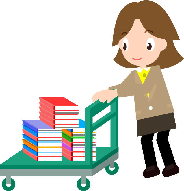 仕事の資料、書類をカートで運ぶ女性のイラスト