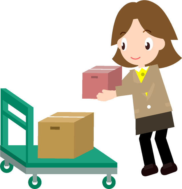カートに書類の入った段ボールをのせている女性のイラスト