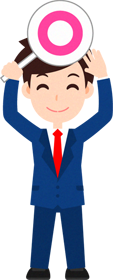 「○（マル）」プレートを持つ営業職のイラスト_男性