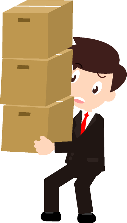 重いよ~、仕事の書類が入った段ボールをたくさん持つサラリーマンのイラスト