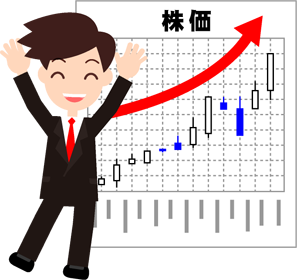 株価が好調で万歳をして喜ぶサラリーマンのイラスト