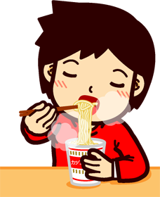 カップラーメンを口に運ぶイラスト/男性